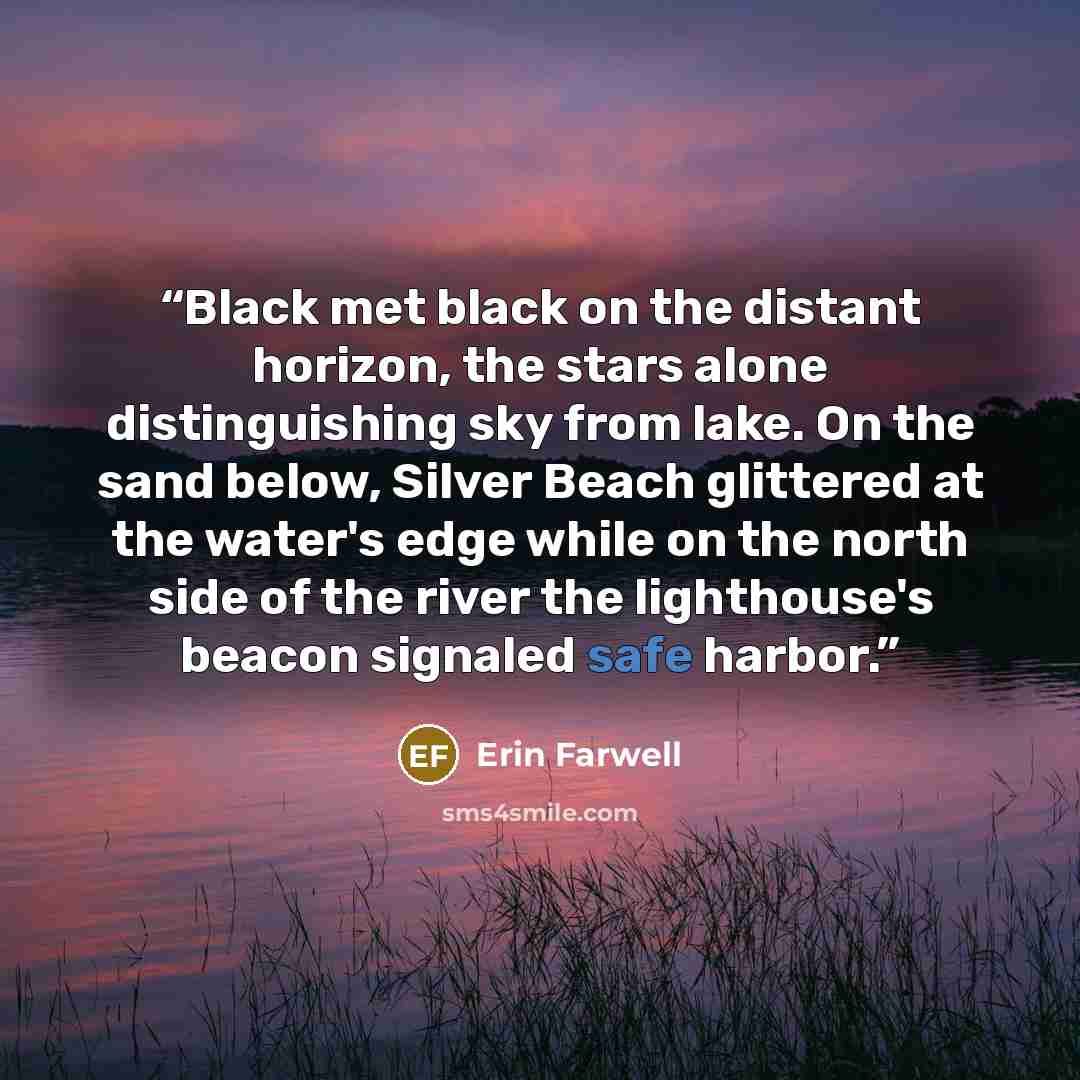 “Black met black on the distant horizon, the stars alone distinguishing sky from lake. On the sand below, Silver Beach glittered at the water's edge while on the north side of the river the lighthouse's beacon signaled safe harbor.” quote by Erin Farwell