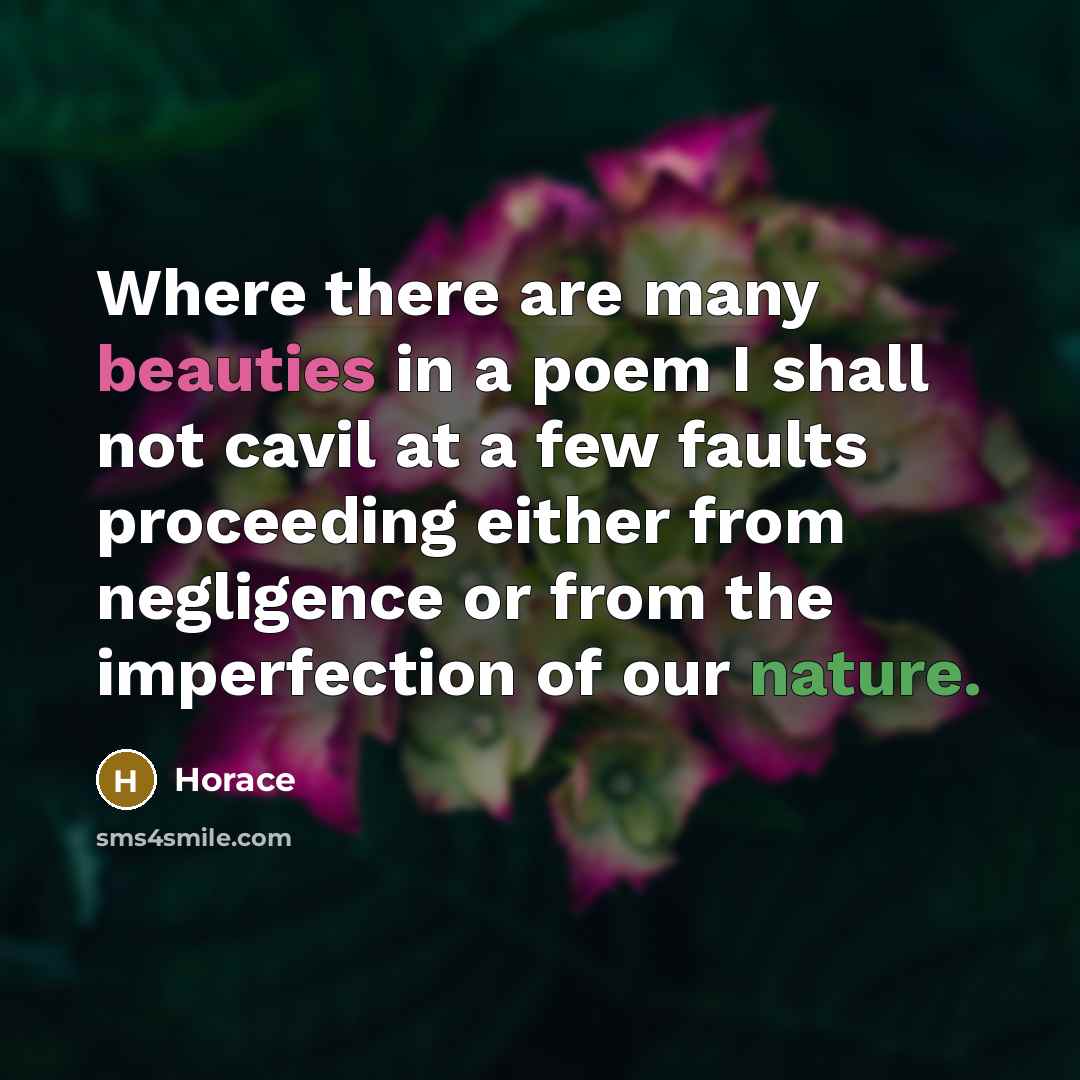 “Where there are many beauties in a poem I shall not cavil at a few faults proceeding either from negligence or from the imperfection of our nature.” quote by Horace