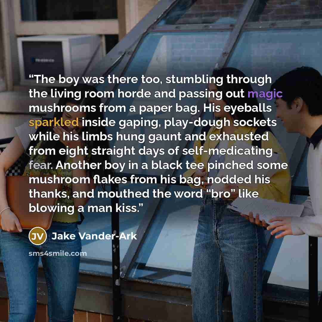 “The boy was there too, stumbling through the living room horde and passing out magic mushrooms from a paper bag. His eyeballs sparkled inside gaping, play-dough sockets while his limbs hung gaunt and exhausted from eight straight days of self-medicating fear. Another boy in a black tee pinched…” quote by Jake Vander-Ark
