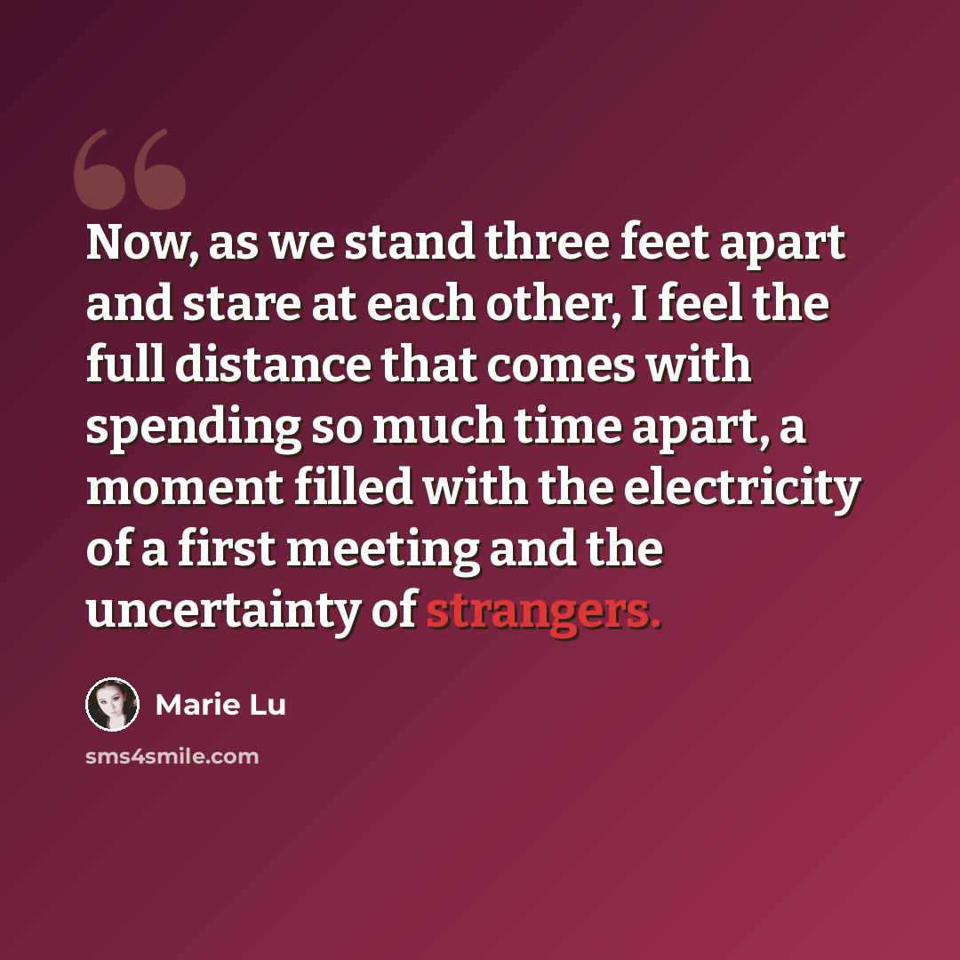 “Now, as we stand three feet apart and stare at each other, I feel the full distance that comes with spending so much time apart, a moment filled with the electricity of a first meeting and the uncertainty of strangers.” quote by Marie Lu