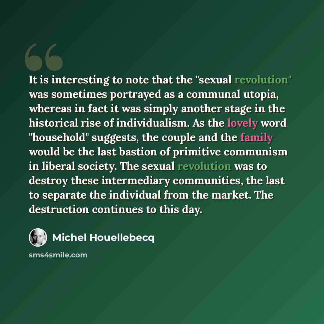 “It is interesting to note that the "sexual revolution" was sometimes portrayed as a communal utopia, whereas in fact it was simply another stage in the historical rise of individualism. As the lovely word "household" suggests, the couple and the family would be the last bastion of primitive…” quote by Michel Houellebecq