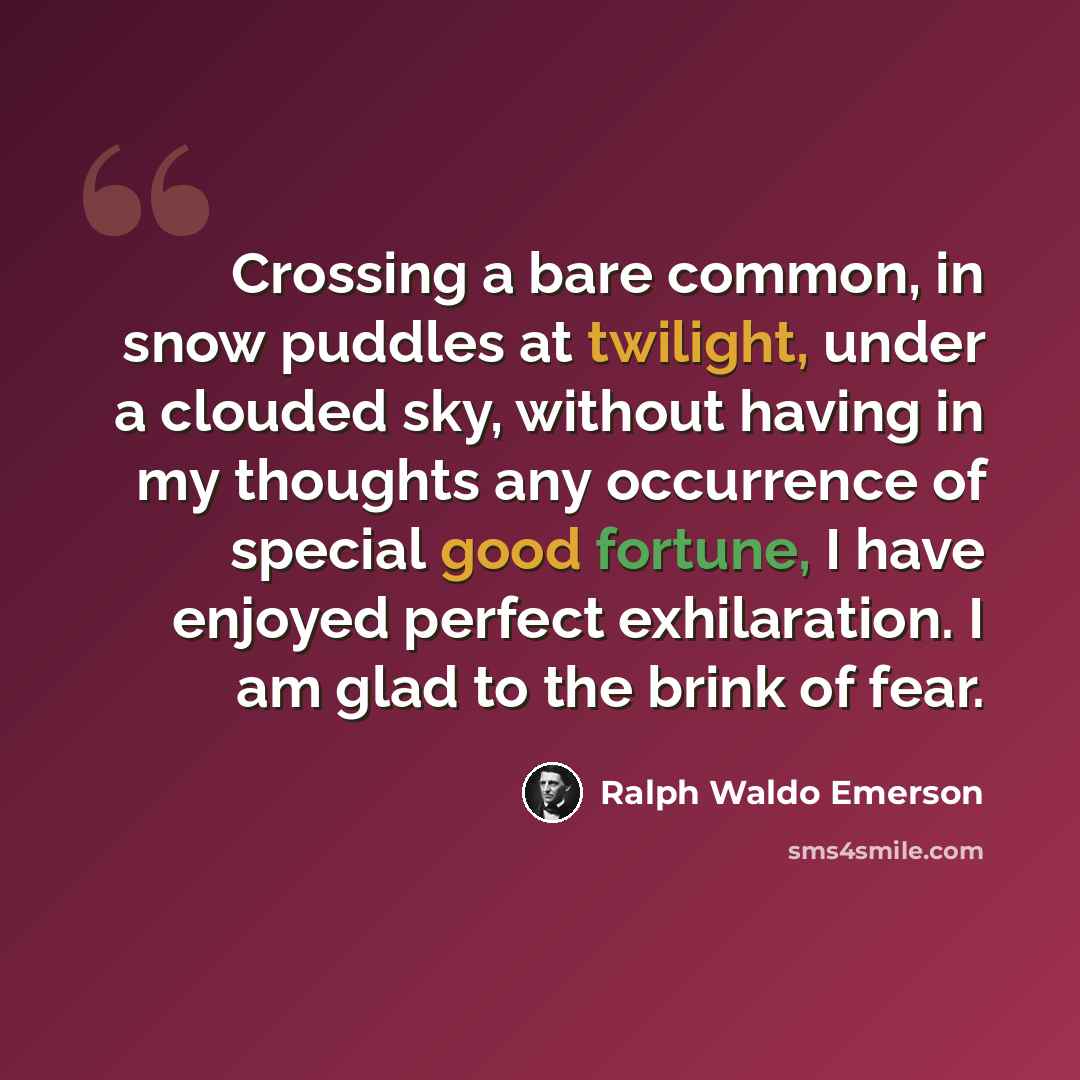 “Crossing a bare common, in snow puddles at twilight, under a clouded sky, without having in my thoughts any occurrence of special good fortune, I have enjoyed perfect exhilaration. I am glad to the brink of fear.” quote by Ralph Waldo Emerson
