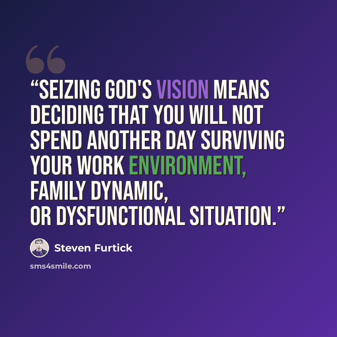 “Seizing God's vision means deciding that you will not spend another day surviving your work environment, family dynamic, or dysfunctional situation.” quote by Steven Furtick