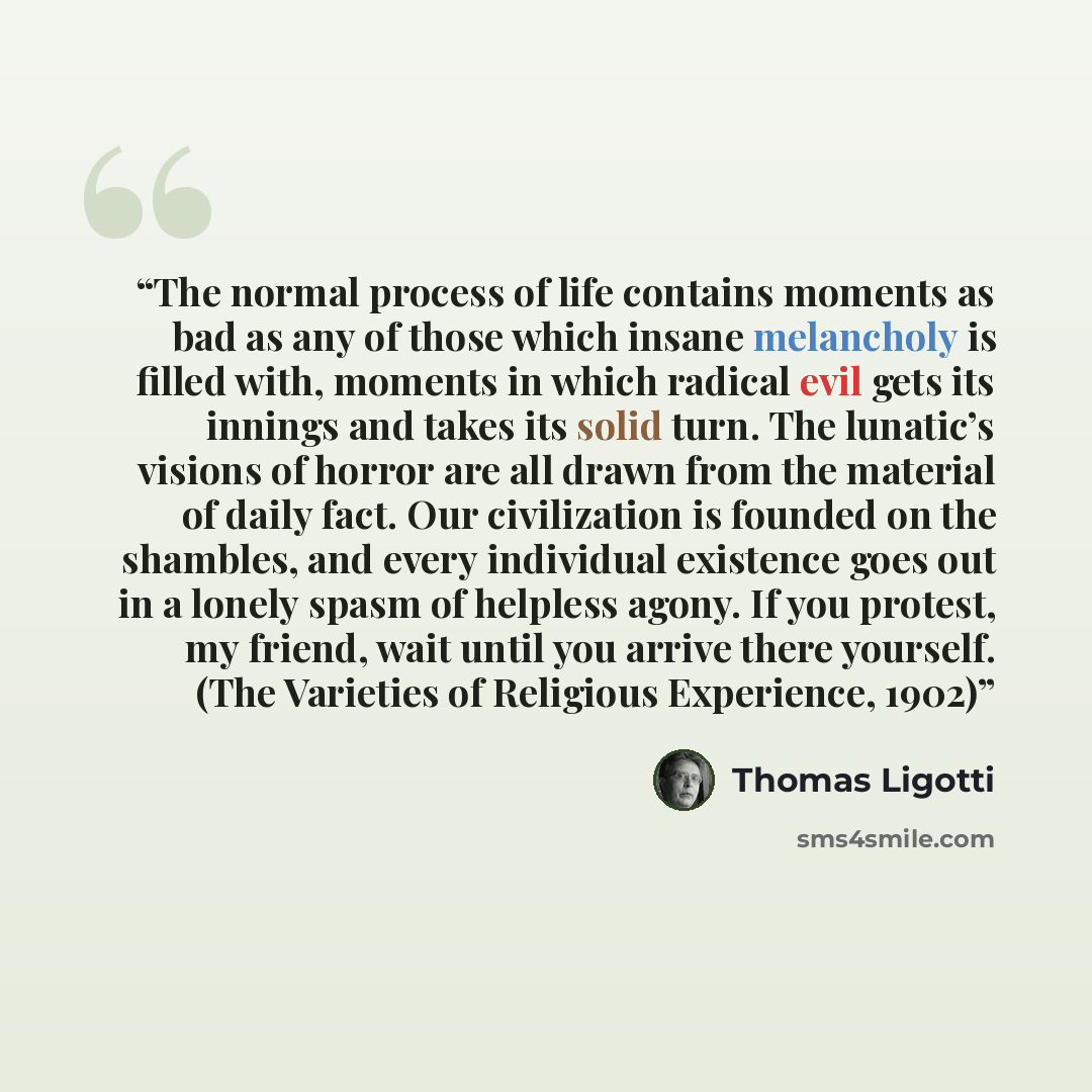 “The normal process of life contains moments as bad as any of those which insane melancholy is filled with, moments in which radical evil gets its innings and takes its solid turn. The lunatic’s visions of horror are all drawn from the material of daily fact. Our civilization is founded on the…” quote by Thomas Ligotti