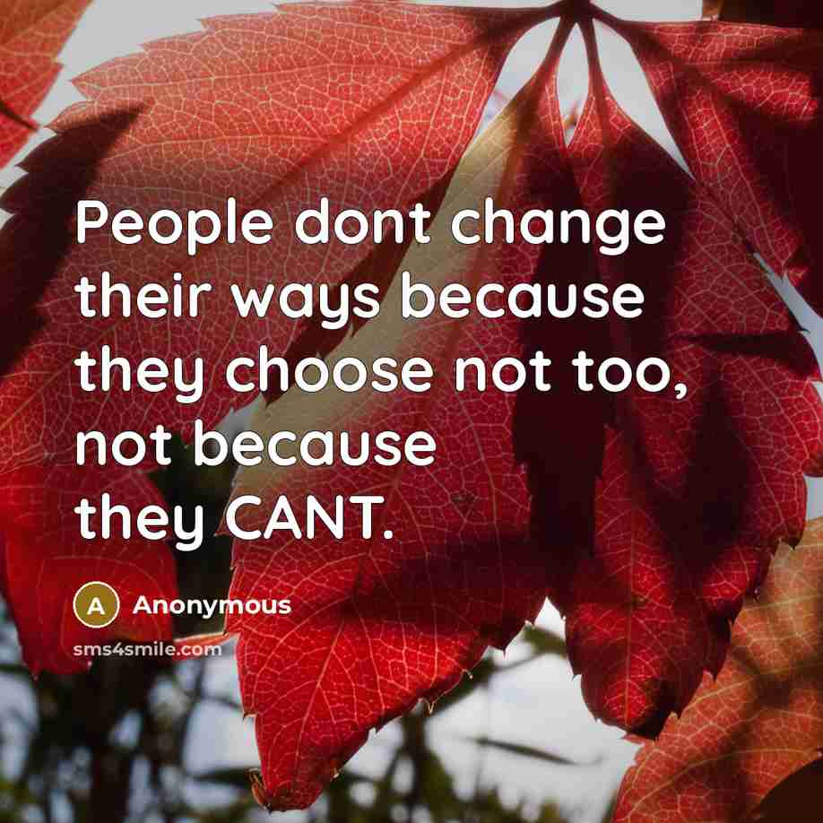 “People dont change their ways because they choose not too, not because they CANT.” quote by Anonymous