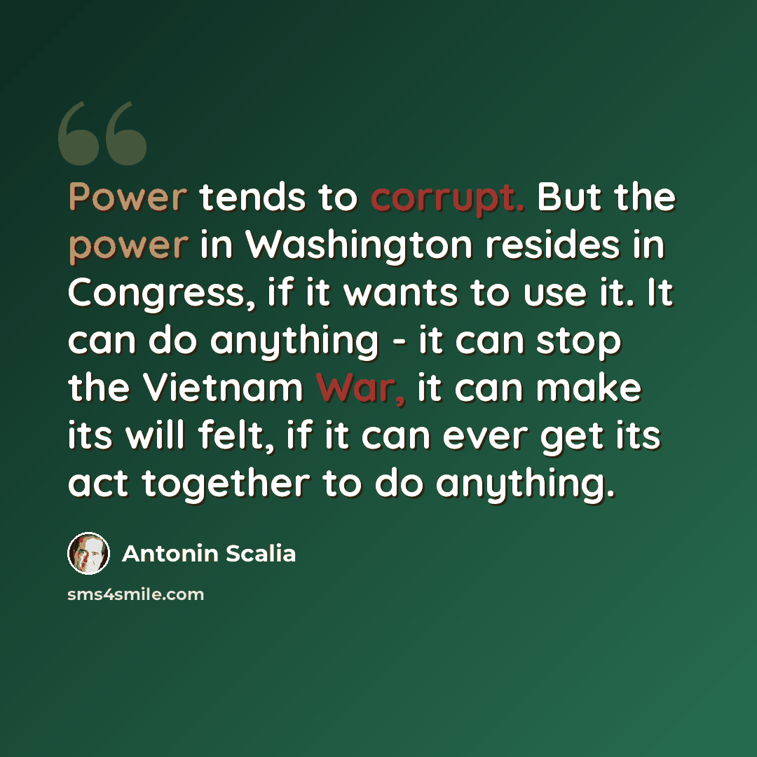 “Power tends to corrupt. But the power in Washington resides in Congress, if it wants to use it. It can do anything - it can stop the Vietnam War, it can make its will felt, if it can ever get its act together to do anything.” quote by Antonin Scalia