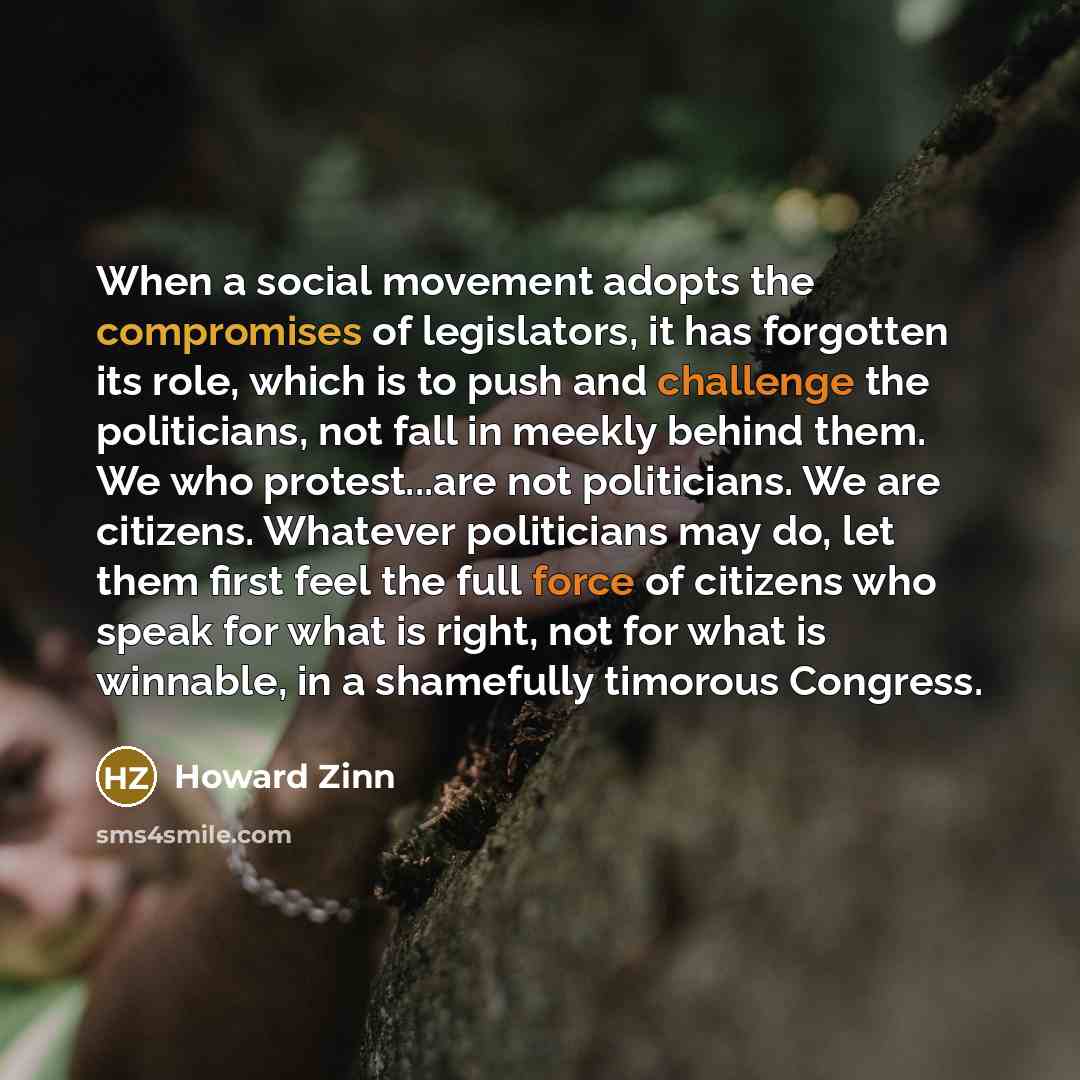 “When a social movement adopts the compromises of legislators, it has forgotten its role, which is to push and challenge the politicians, not fall in meekly behind them. We who protest...are not politicians. We are citizens. Whatever politicians may do, let them first feel the full force of…” quote by Howard Zinn