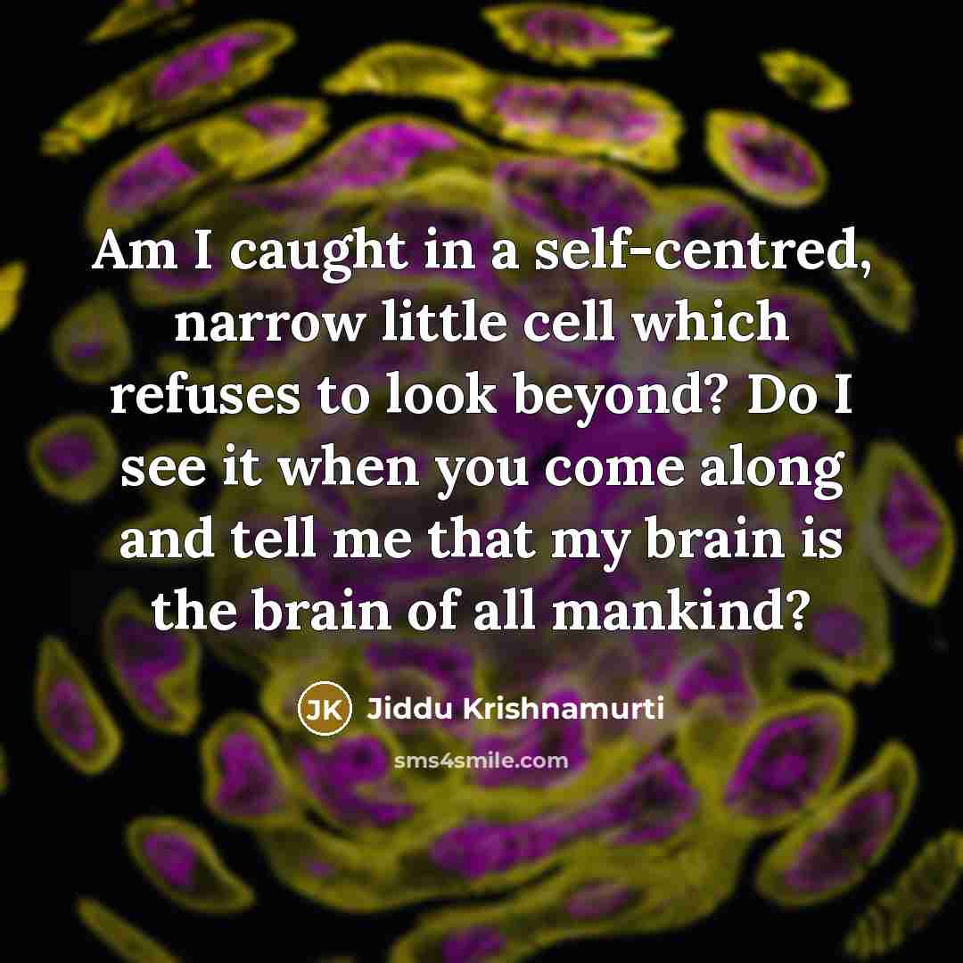 “Am I caught in a self-centred, narrow little cell which refuses to look beyond? Do I see it when you come along and tell me that my brain is the brain of all mankind?” quote by Jiddu Krishnamurti