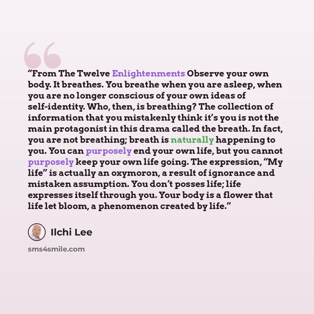 “From The Twelve Enlightenments Observe your own body. It breathes. You breathe when you are asleep, when you are no longer conscious of your own ideas of self-identity. Who, then, is breathing? The collection of information that you mistakenly think it’s you is not the main protagonist in this…” quote by Ilchi Lee