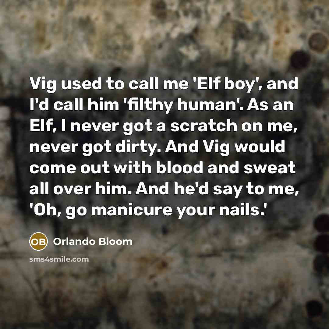 “Vig used to call me 'Elf boy', and I'd call him 'filthy human'. As an Elf, I never got a scratch on me, never got dirty. And Vig would come out with blood and sweat all over him. And he'd say to me, 'Oh, go manicure your nails.'” quote by Orlando Bloom