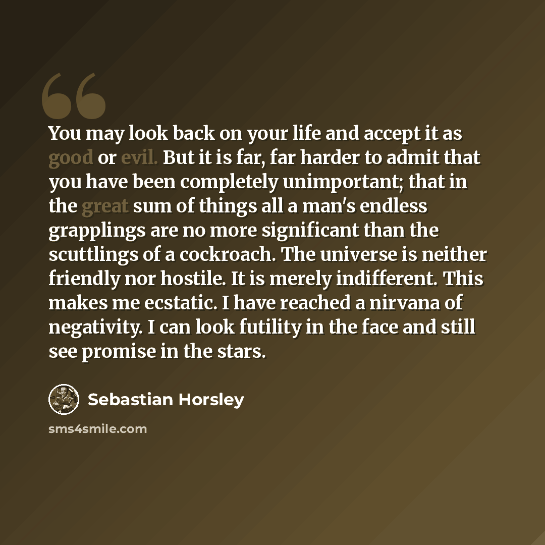“You may look back on your life and accept it as good or evil. But it is far, far harder to admit that you have been completely unimportant; that in the great sum of things all a man's endless grapplings are no more significant than the scuttlings of a cockroach. The universe is neither friendly…” quote by Sebastian Horsley