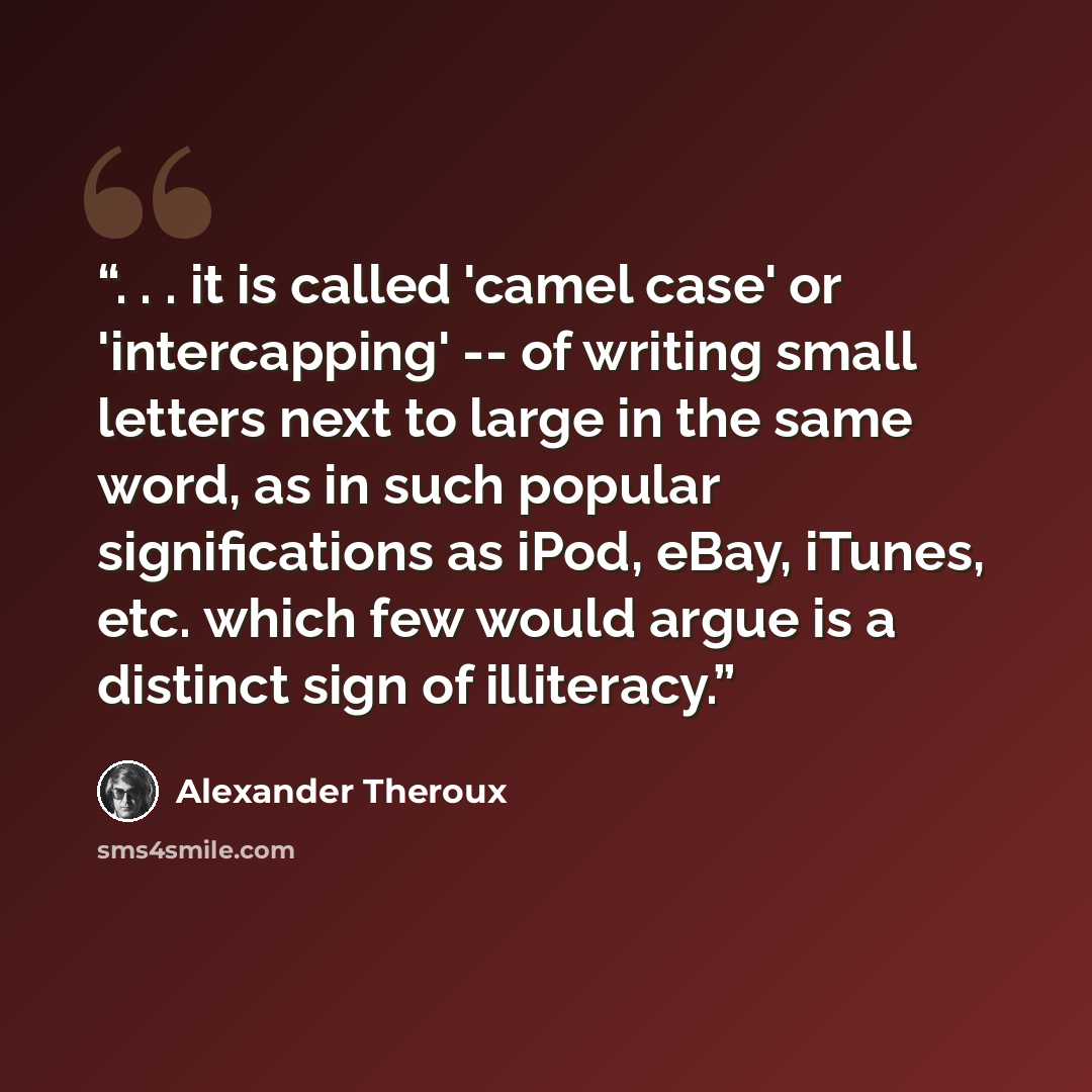 “. . . it is called 'camel case' or 'intercapping' -- of writing small letters next to large in the same word, as in such popular significations as iPod, eBay, iTunes, etc. which few would argue is a distinct sign of illiteracy.” quote by Alexander Theroux