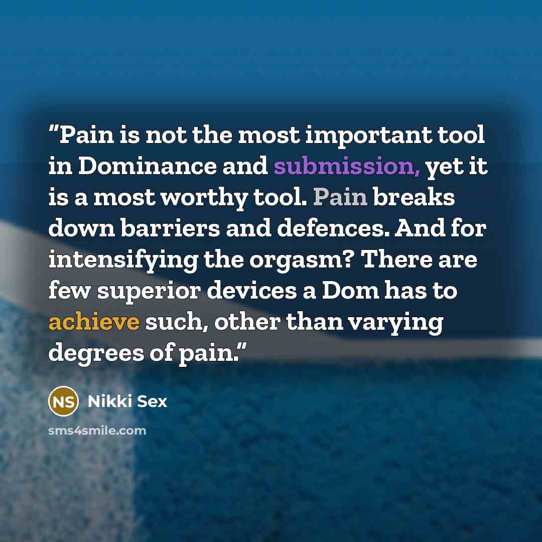 “Pain is not the most important tool in Dominance and submission, yet it is a most worthy tool. Pain breaks down barriers and defences. And for intensifying the orgasm? There are few superior devices a Dom has to achieve such, other than varying degrees of pain.” quote by Nikki Sex