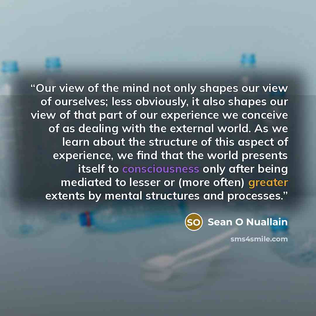 “Our view of the mind not only shapes our view of ourselves; less obviously, it also shapes our view of that part of our experience we conceive of as dealing with the external world. As we learn about the structure of this aspect of experience, we find that the world presents itself to…” quote by Seán Ó Nualláin