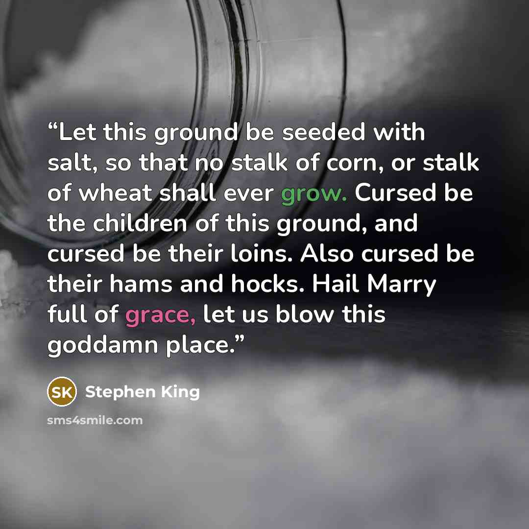 “Let this ground be seeded with salt, so that no stalk of corn, or stalk of wheat shall ever grow. Cursed be the children of this ground, and cursed be their loins. Also cursed be their hams and hocks. Hail Marry full of grace, let us blow this goddamn place.” quote by Stephen King
