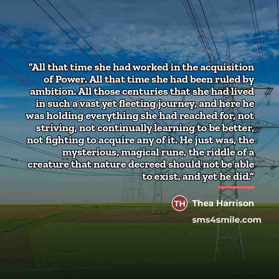 “All that time she had worked in the acquisition of Power. All that time she had been ruled by ambition. All those centuries that she had lived in such a vast yet fleeting journey, and here he was holding everything she had reached for, not striving, not continually learning to be better, not…” quote by Thea Harrison