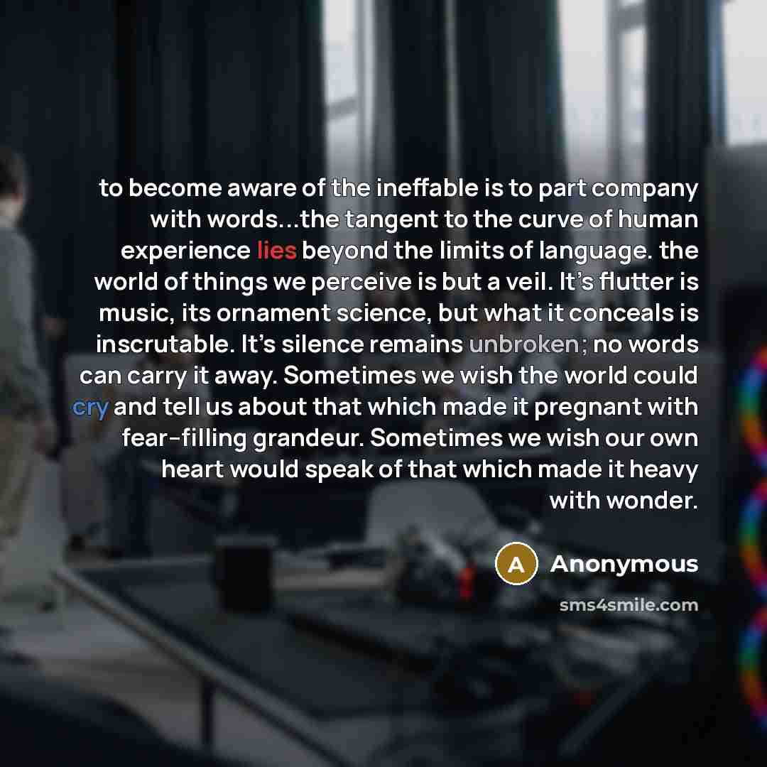 “to become aware of the ineffable is to part company with words...the tangent to the curve of human experience lies beyond the limits of language. the world of things we perceive is but a veil. It’s flutter is music, its ornament science, but what it conceals is inscrutable. It’s silence remains…” quote by Anonymous