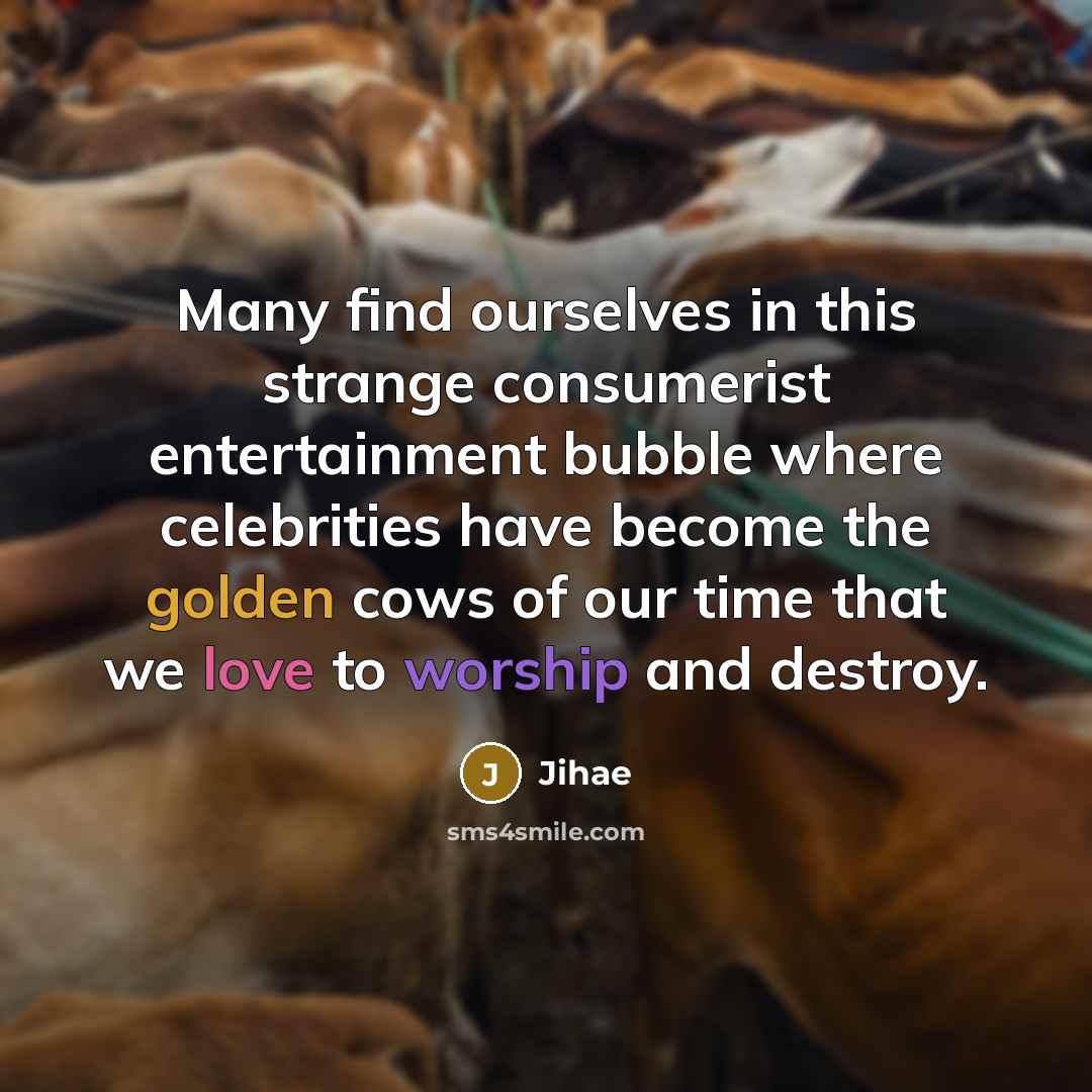 “Many find ourselves in this strange consumerist entertainment bubble where celebrities have become the golden cows of our time that we love to worship and destroy.” quote by Jihae