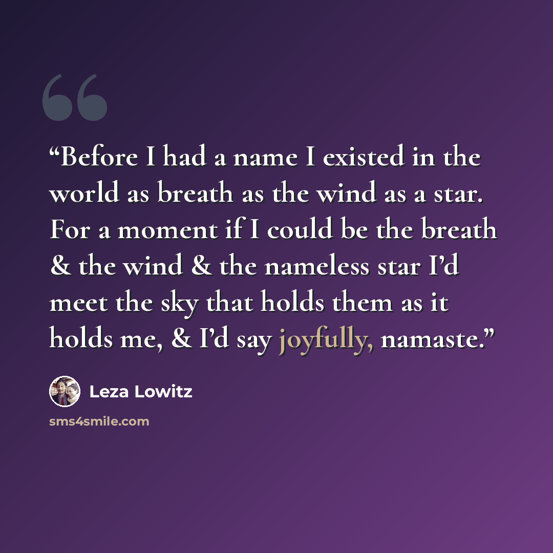 “Before I had a name I existed in the world as breath as the wind as a star. For a moment if I could be the breath & the wind & the nameless star I’d meet the sky that holds them as it holds me, & I’d say joyfully, namaste.” quote by Leza Lowitz
