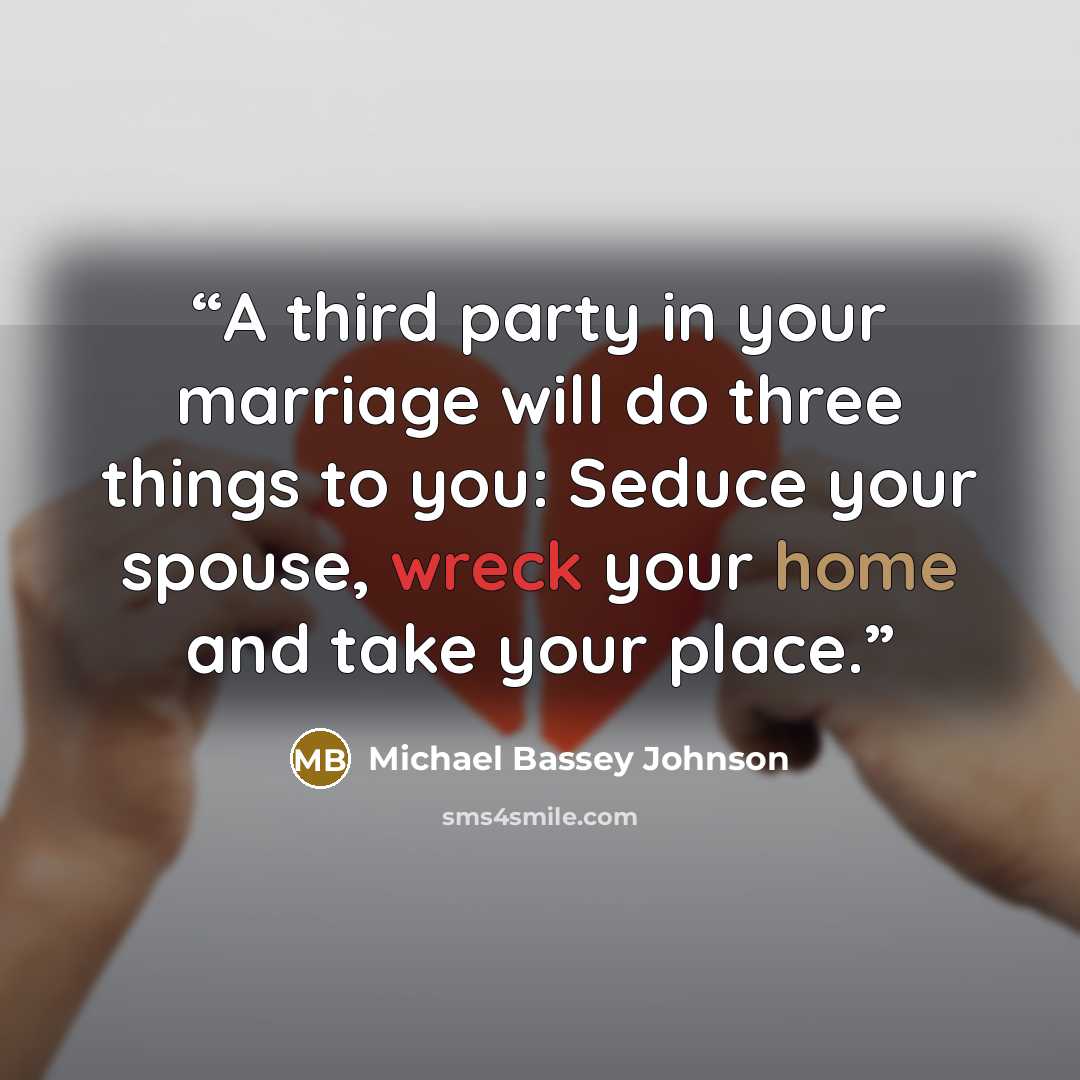 “A third party in your marriage will do three things to you: Seduce your spouse, wreck your home and take your place.” quote by Michael Bassey Johnson