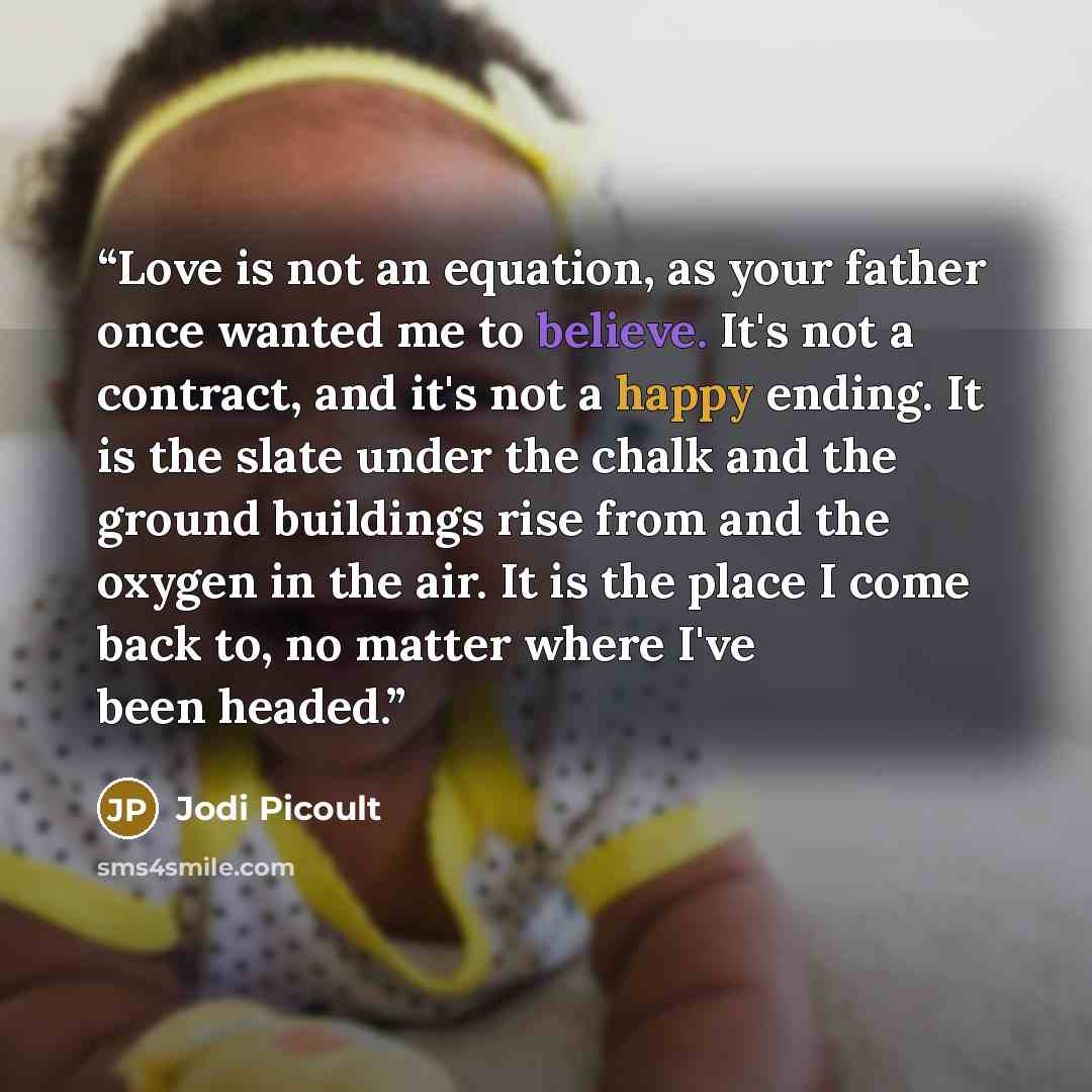 “Love is not an equation, as your father once wanted me to believe. It's not a contract, and it's not a happy ending. It is the slate under the chalk and the ground buildings rise from and the oxygen in the air. It is the place I come back to, no matter where I've been headed.” quote by Jodi Picoult