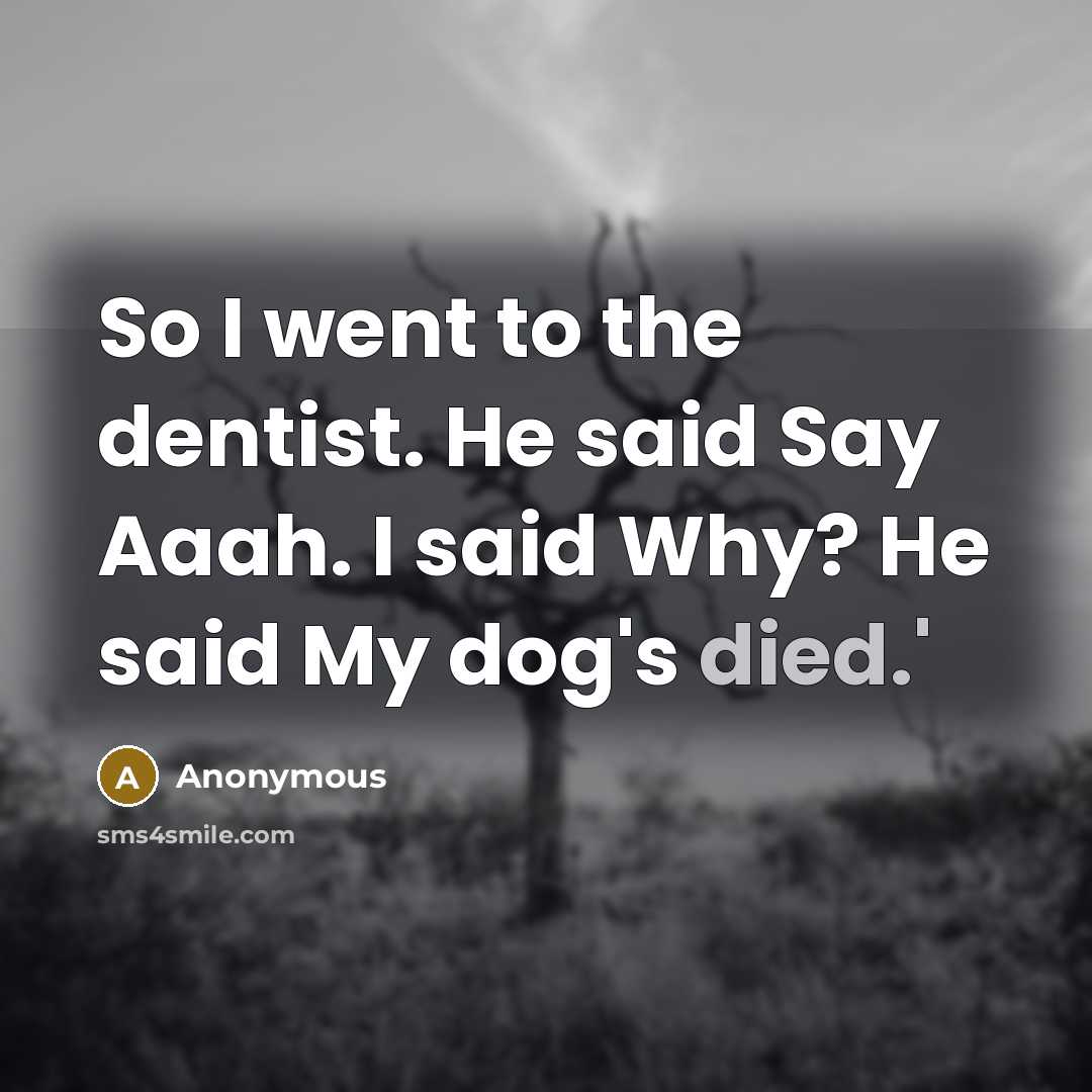 “So I went to the dentist. He said Say Aaah. I said Why? He said My dog's died.'” quote by Anonymous