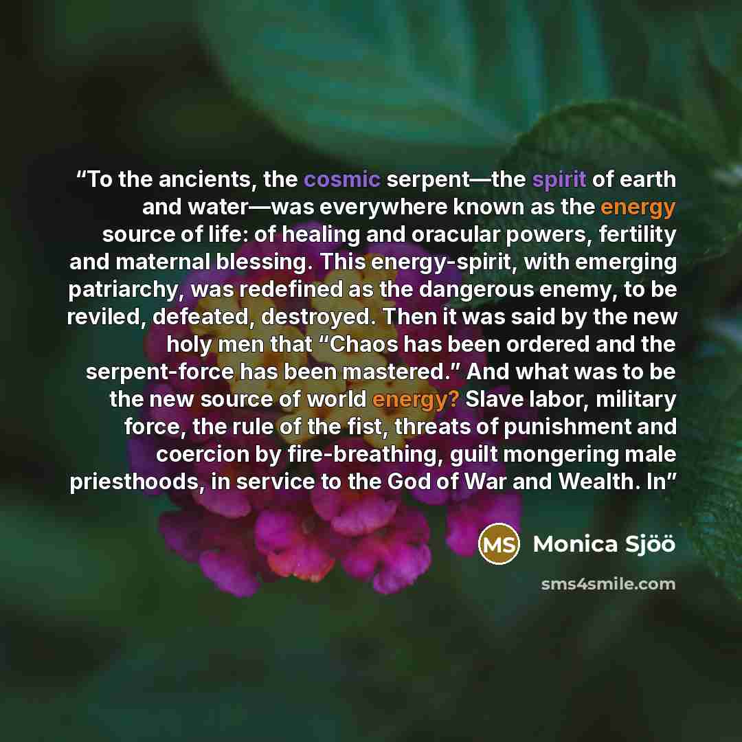 “To the ancients, the cosmic serpent—the spirit of earth and water—was everywhere known as the energy source of life: of healing and oracular powers, fertility and maternal blessing. This energy-spirit, with emerging patriarchy, was redefined as the dangerous enemy, to be reviled, defeated…” quote by Monica Sjöö