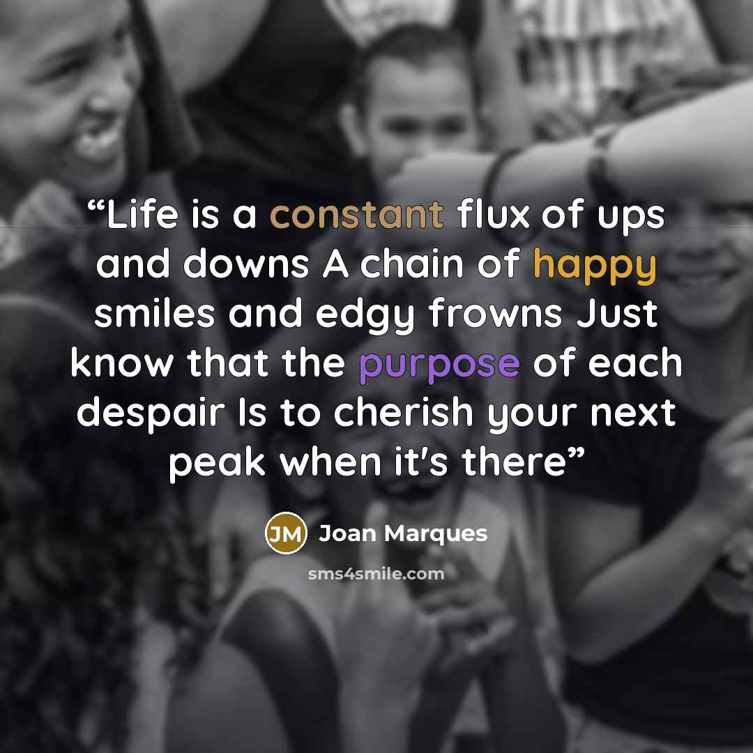 “Life is a constant flux of ups and downs A chain of happy smiles and edgy frowns Just know that the purpose of each despair Is to cherish your next peak when it's there” quote by Joan Marques