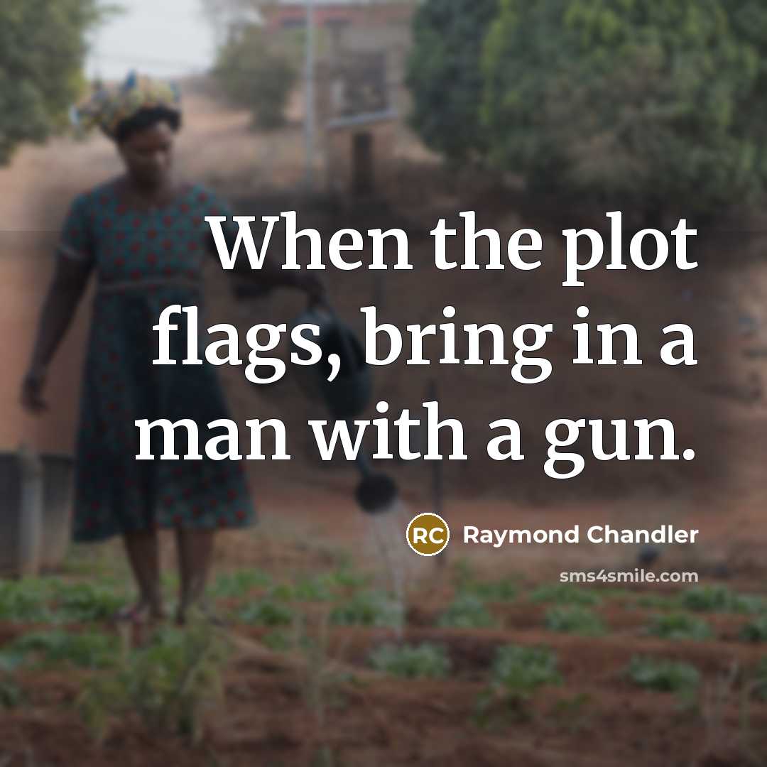 “When the plot flags, bring in a man with a gun.” quote by Raymond Chandler