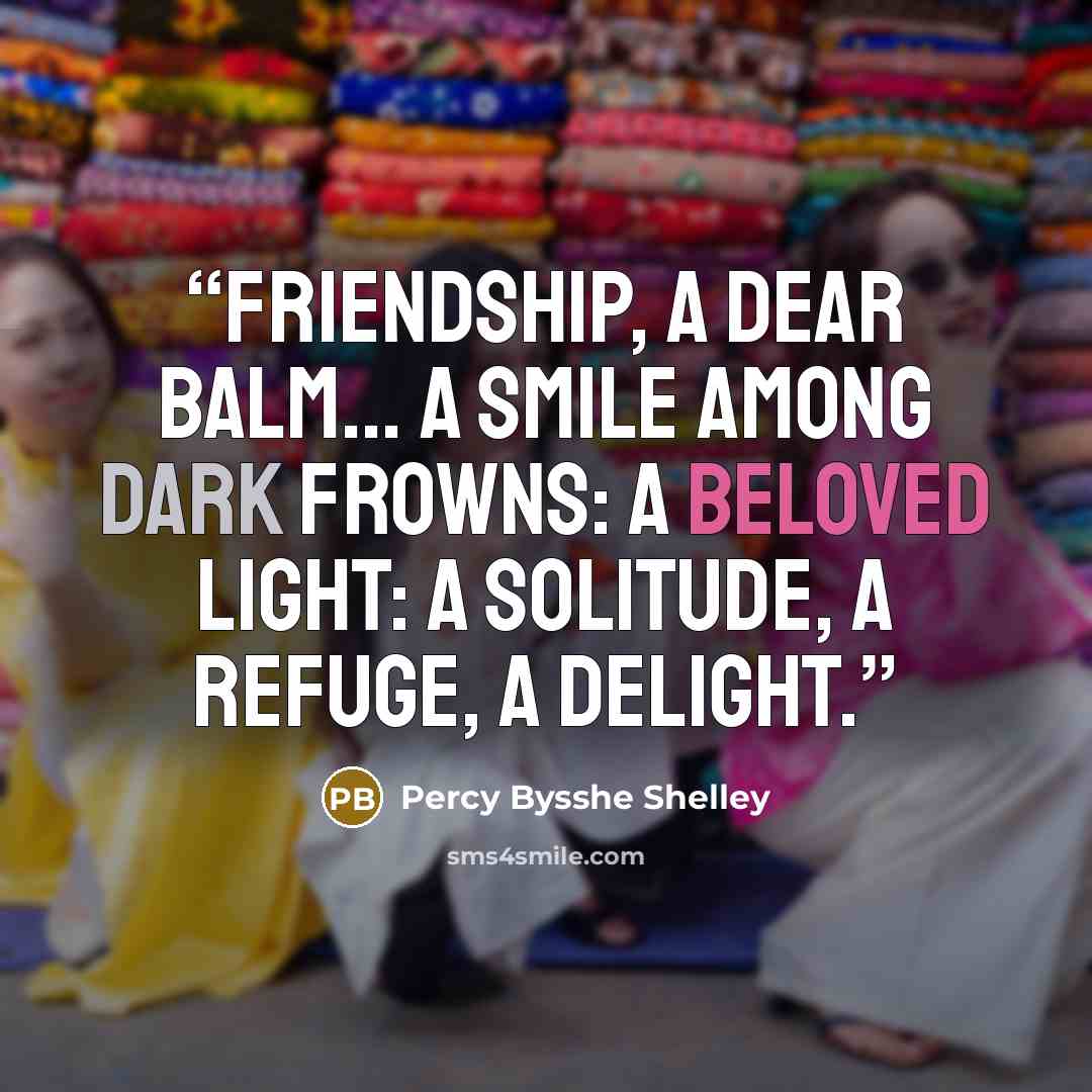 “Friendship, a dear balm... A smile among dark frowns: a beloved light: A solitude, a refuge, a delight.” quote by Percy Bysshe Shelley