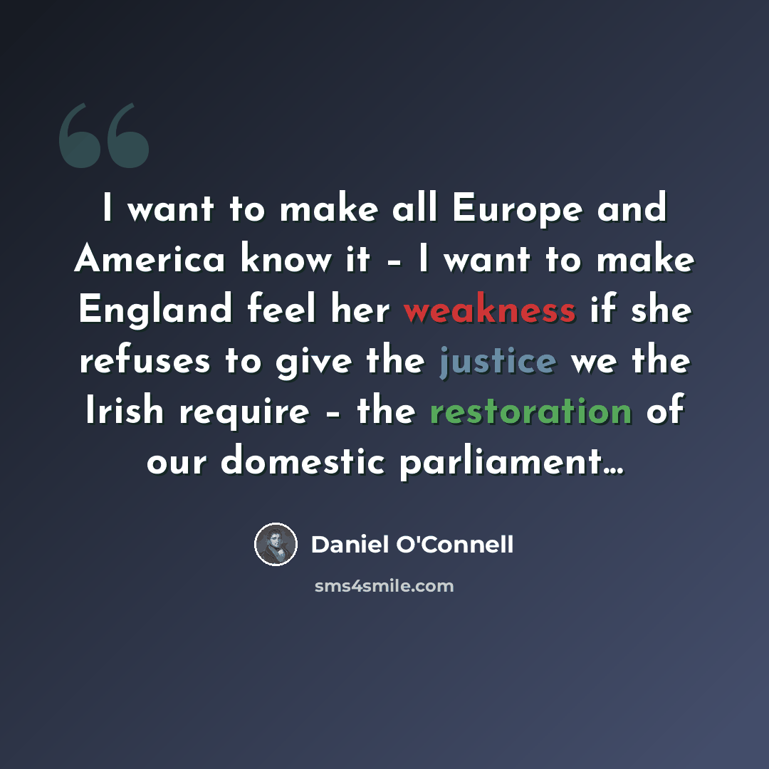 “I want to make all Europe and America know it – I want to make England feel her weakness if she refuses to give the justice we the Irish require – the restoration of our domestic parliament...” quote by Daniel O'Connell