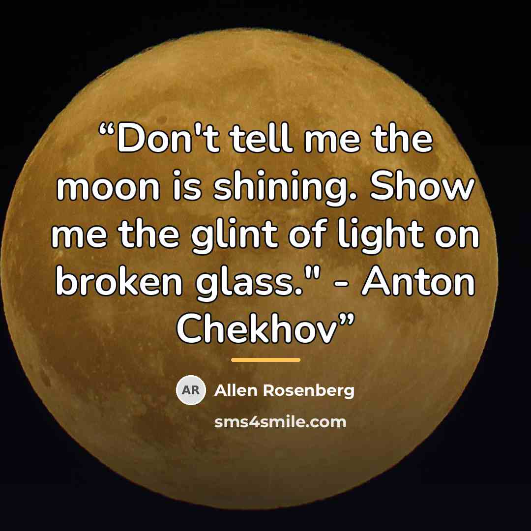 “Don't tell me the moon is shining. Show me the glint of light on broken glass." - Anton Chekhov” quote by Allen Rosenberg