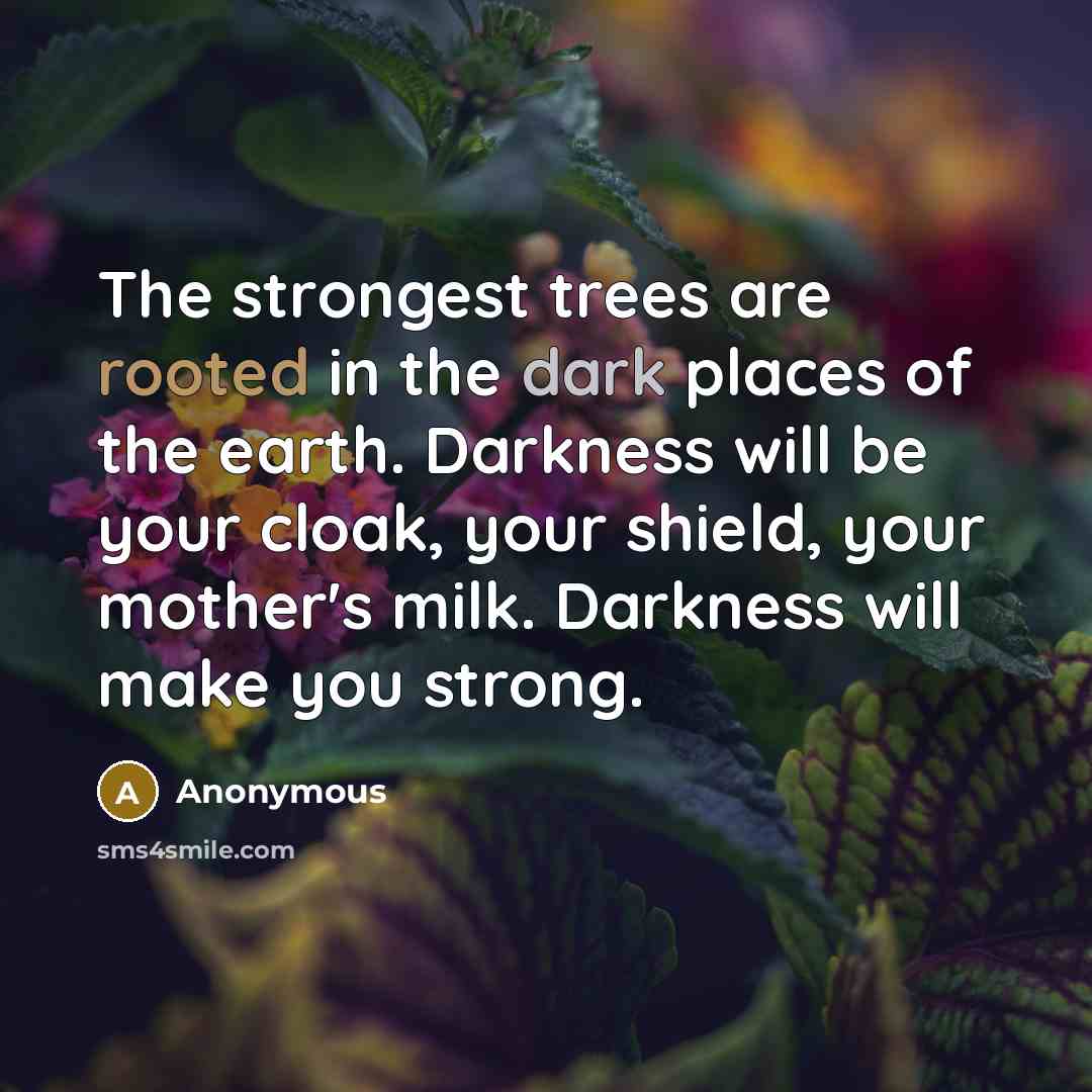 “The strongest trees are rooted in the dark places of the earth. Darkness will be your cloak, your shield, your mother's milk. Darkness will make you strong.” quote by Anonymous