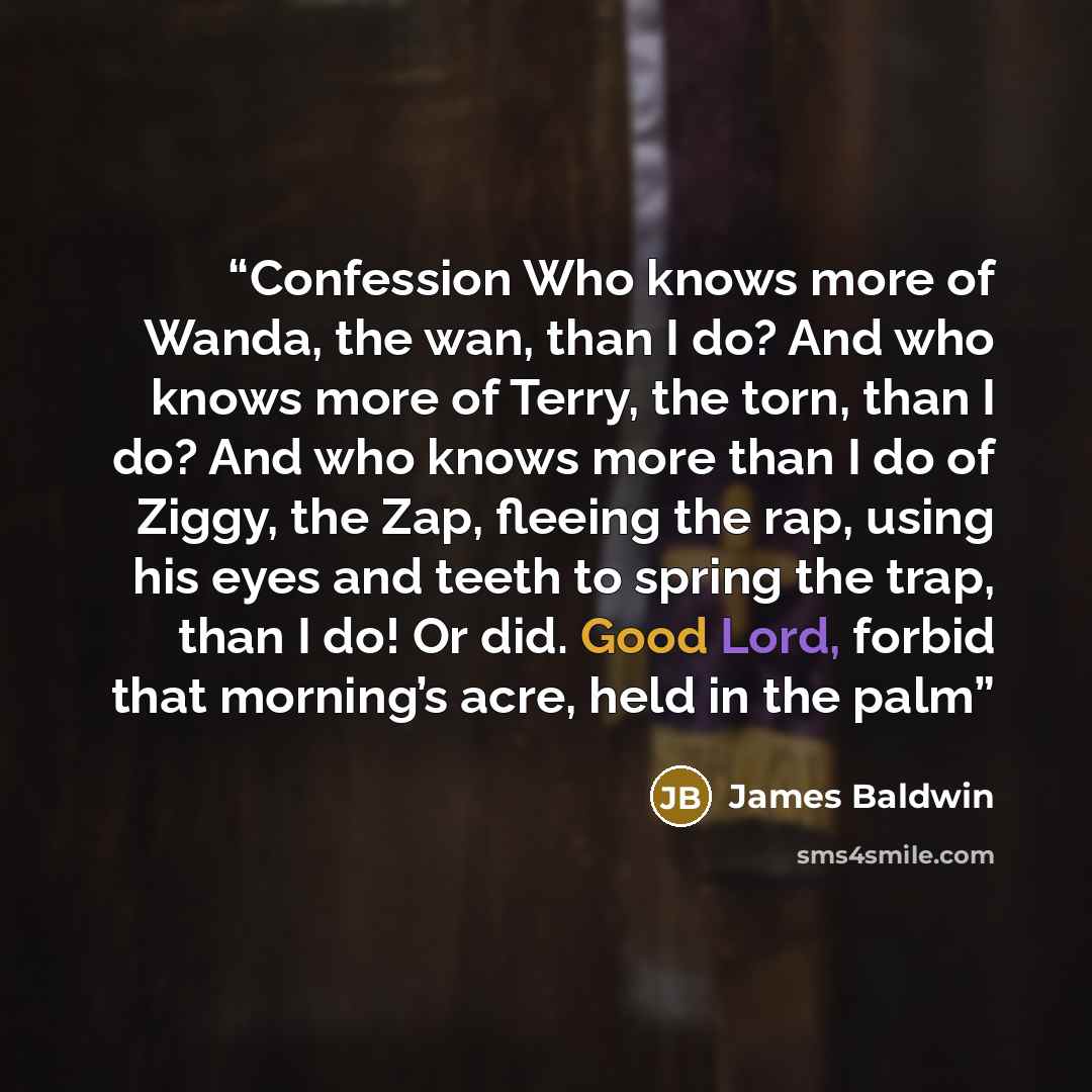 “Confession Who knows more of Wanda, the wan, than I do? And who knows more of Terry, the torn, than I do? And who knows more than I do of Ziggy, the Zap, fleeing the rap, using his eyes and teeth to spring the trap, than I do! Or did. Good Lord, forbid that morning’s acre, held in the palm” quote by James Baldwin