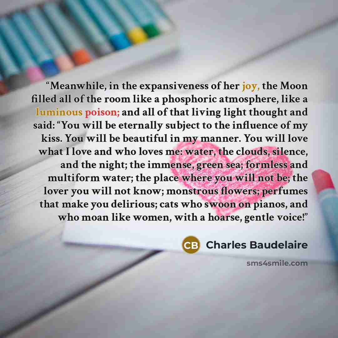 “Meanwhile, in the expansiveness of her joy, the Moon filled all of the room like a phosphoric atmosphere, like a luminous poison; and all of that living light thought and said: “You will be eternally subject to the influence of my kiss. You will be beautiful in my manner. You will love what I love…” quote by Charles Baudelaire