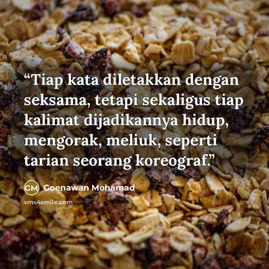 “Tiap kata diletakkan dengan seksama, tetapi sekaligus tiap kalimat dijadikannya hidup, mengorak, meliuk, seperti tarian seorang koreograf.” quote by Goenawan Mohamad