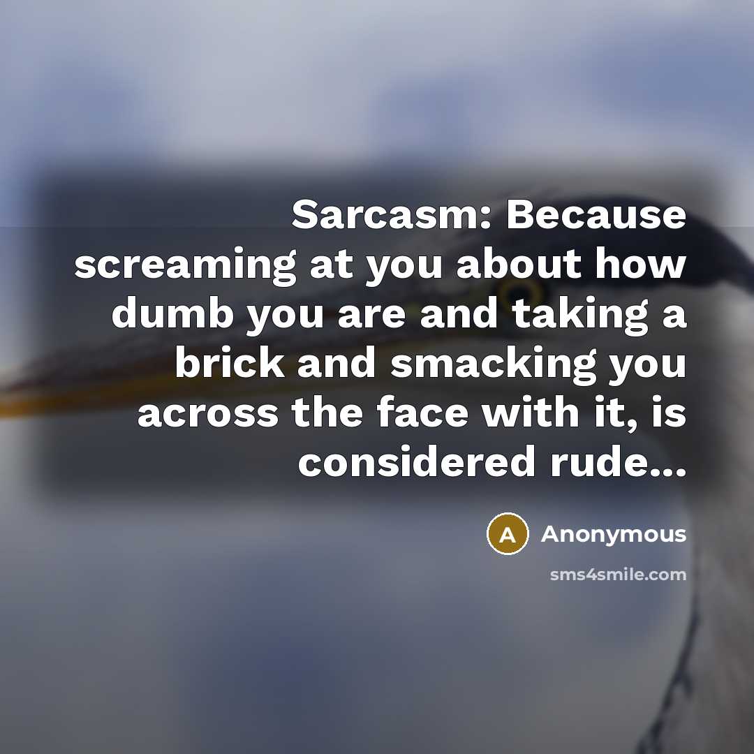 “Sarcasm: Because screaming at you about how dumb you are and taking a brick and smacking you across the face with it, is considered rude...” quote by Anonymous