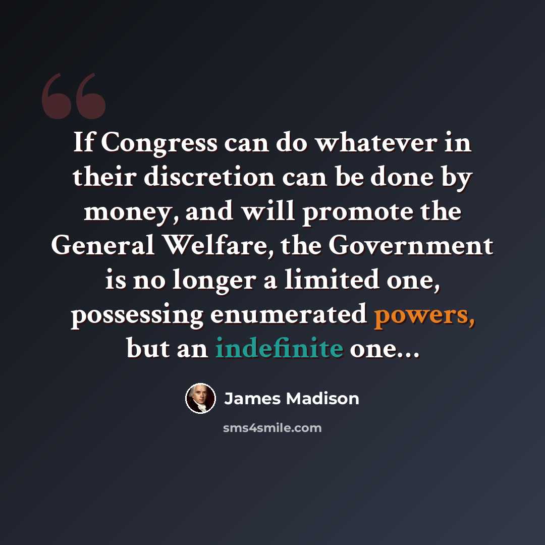 “If Congress can do whatever in their discretion can be done by money, and will promote the General Welfare, the Government is no longer a limited one, possessing enumerated powers, but an indefinite one…” quote by James Madison
