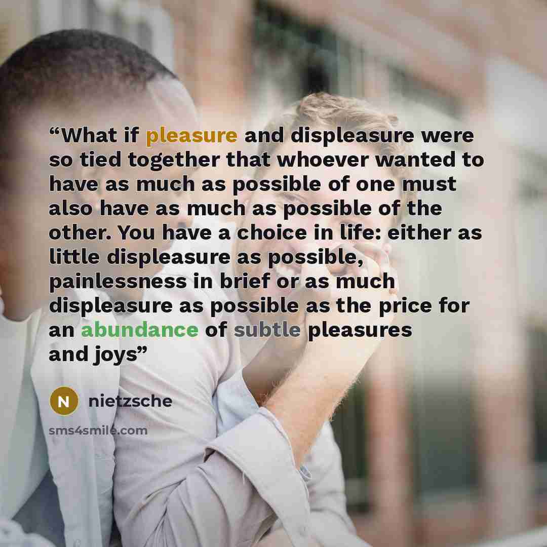 “What if pleasure and displeasure were so tied together that whoever wanted to have as much as possible of one must also have as much as possible of the other. You have a choice in life: either as little displeasure as possible, painlessness in brief or as much displeasure as possible as the price…” quote by Nietzsche