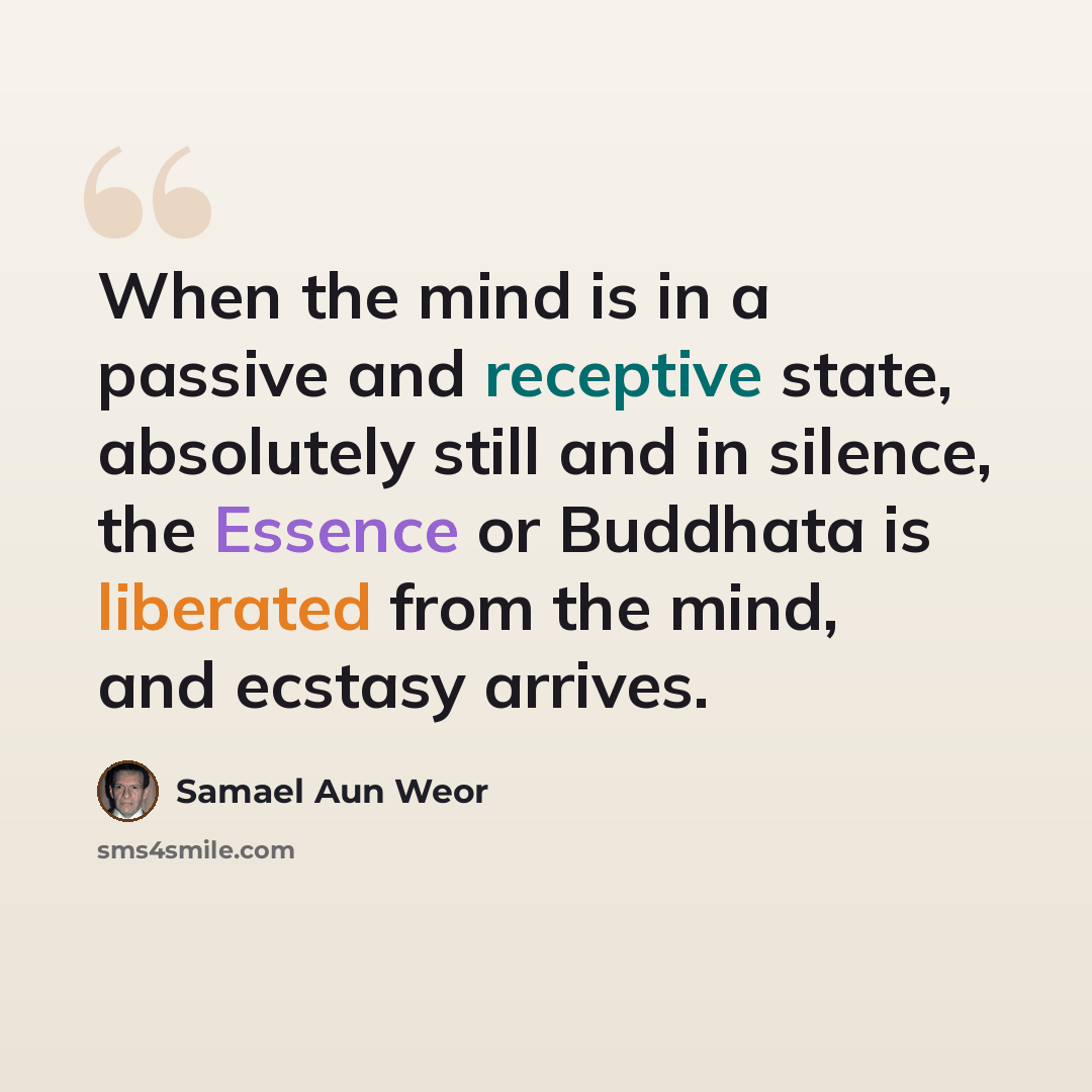 “When the mind is in a passive and receptive state, absolutely still and in silence, the Essence or Buddhata is liberated from the mind, and ecstasy arrives.” quote by Samael Aun Weor