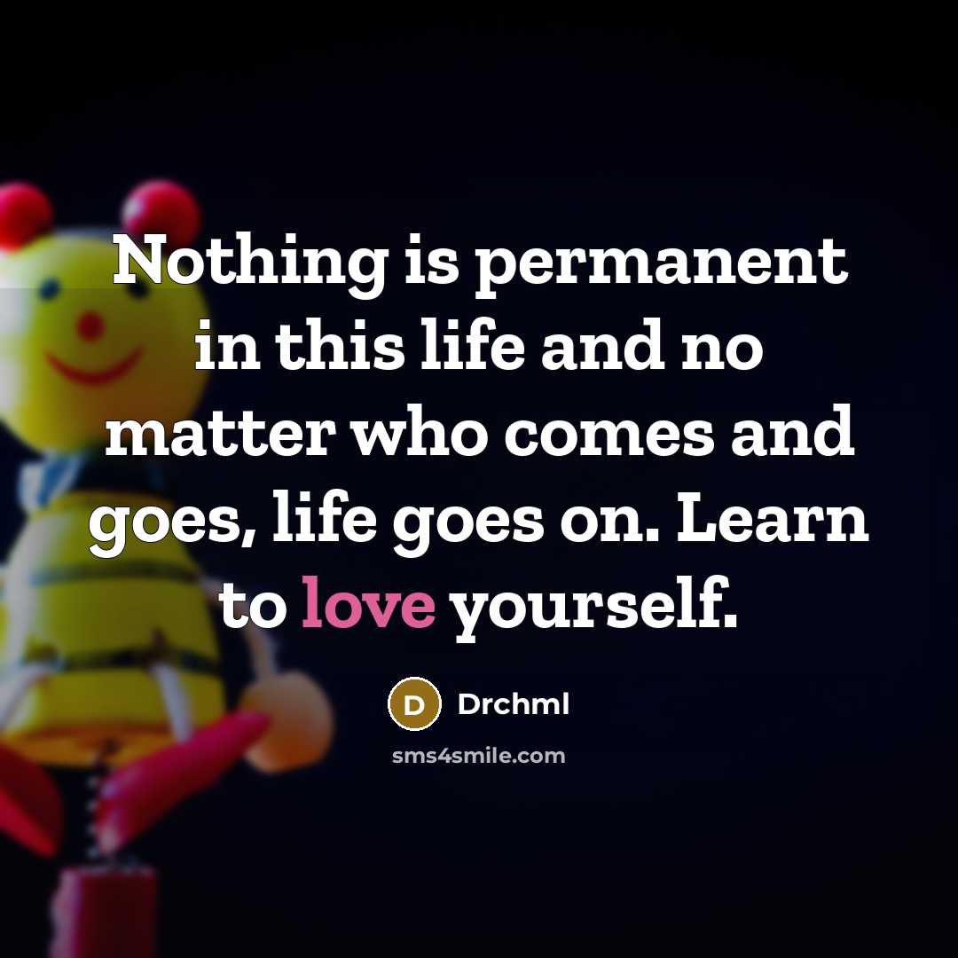 “Nothing is permanent in this life and no matter who comes and goes, life goes on. Learn to love yourself.” quote by Drchml
