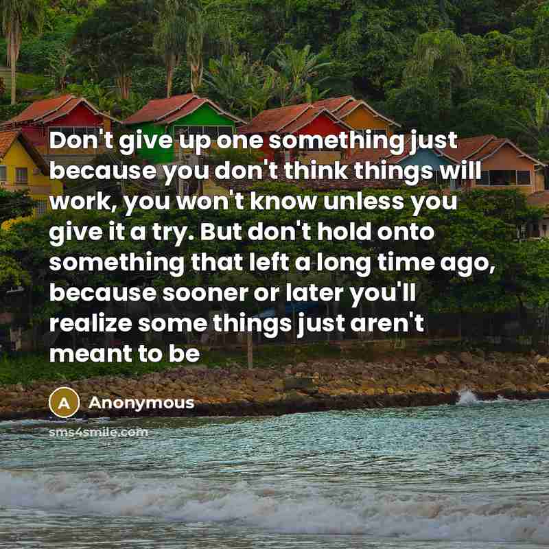 “Don't give up one something just because you don't think things will work, you won't know unless you give it a try. But don't hold onto something that left a long time ago, because sooner or later you'll realize some things just aren't meant to be” quote by Anonymous