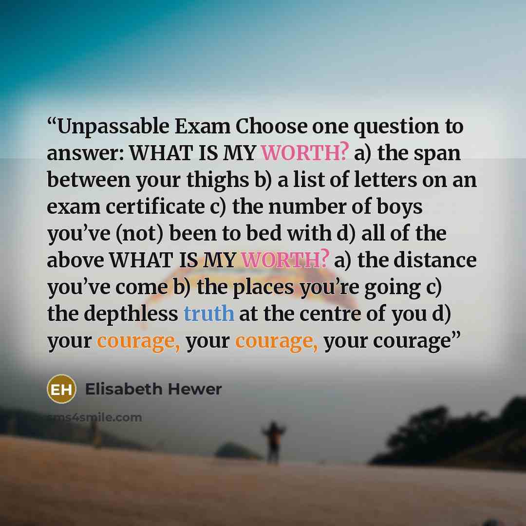 “Unpassable Exam Choose one question to answer: WHAT IS MY WORTH? a) the span between your thighs b) a list of letters on an exam certificate c) the number of boys you’ve (not) been to bed with d) all of the above WHAT IS MY WORTH? a) the distance you’ve come b) the places you’re going c) the…” quote by Elisabeth Hewer