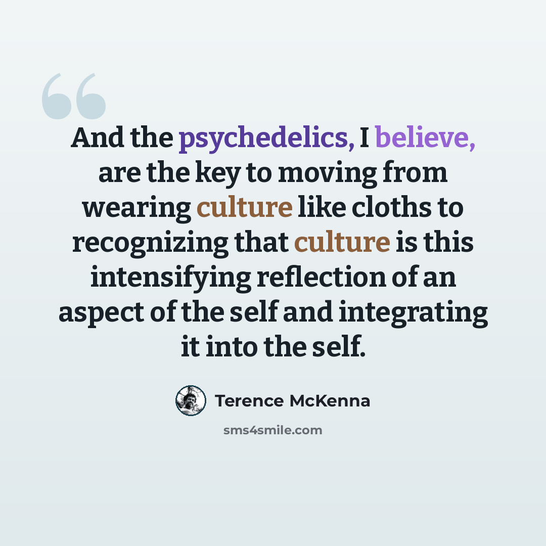 “And the psychedelics, I believe, are the key to moving from wearing culture like cloths to recognizing that culture is this intensifying reflection of an aspect of the self and integrating it into the self.” quote by Terence McKenna