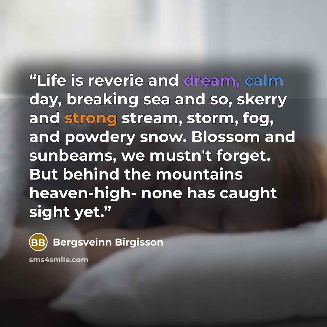 “Life is reverie and dream, calm day, breaking sea and so, skerry and strong stream, storm, fog, and powdery snow. Blossom and sunbeams, we mustn't forget. But behind the mountains heaven-high- none has caught sight yet.” quote by Bergsveinn Birgisson