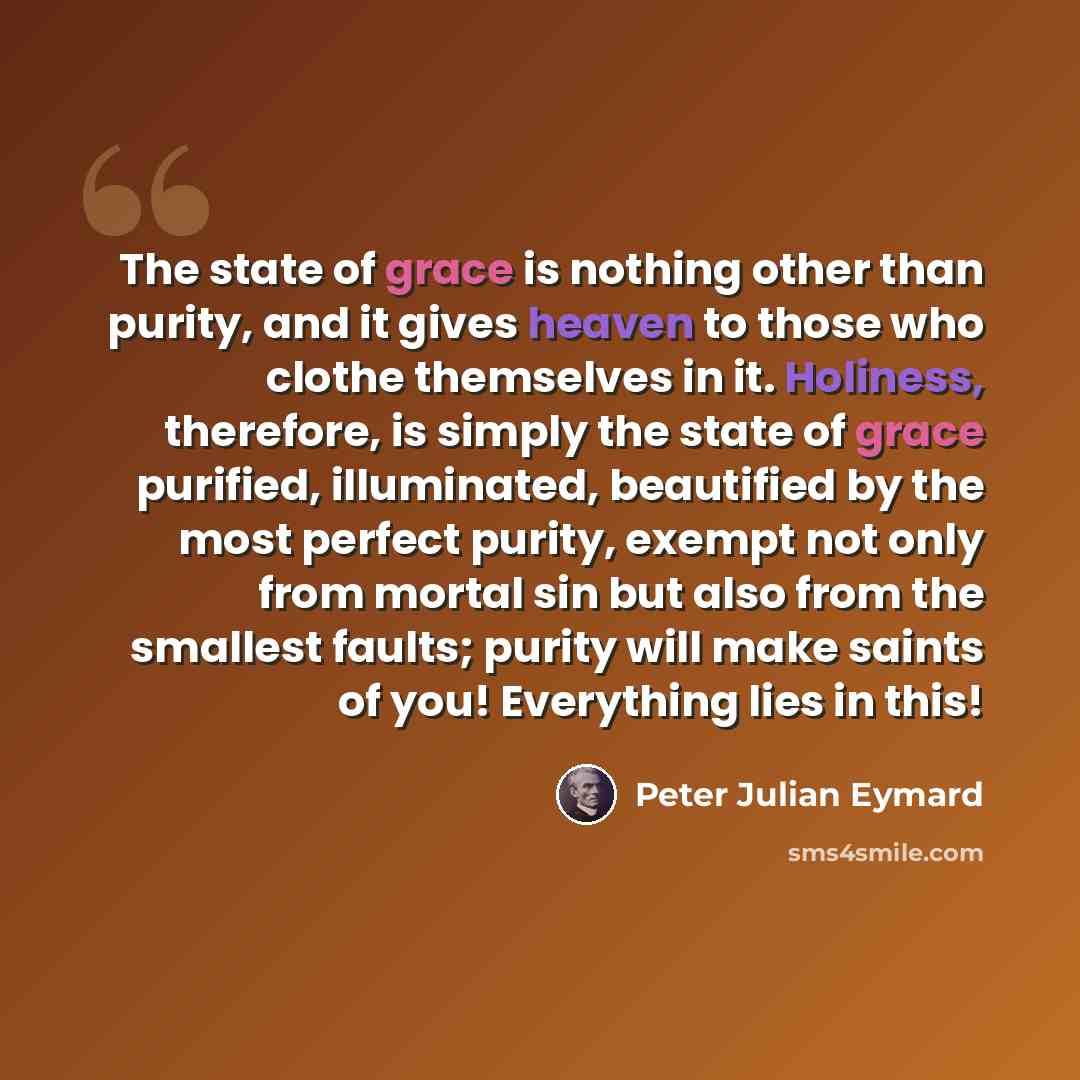 “The state of grace is nothing other than purity, and it gives heaven to those who clothe themselves in it. Holiness, therefore, is simply the state of grace purified, illuminated, beautified by the most perfect purity, exempt not only from mortal sin but also from the smallest faults; purity will…” quote by Peter Julian Eymard