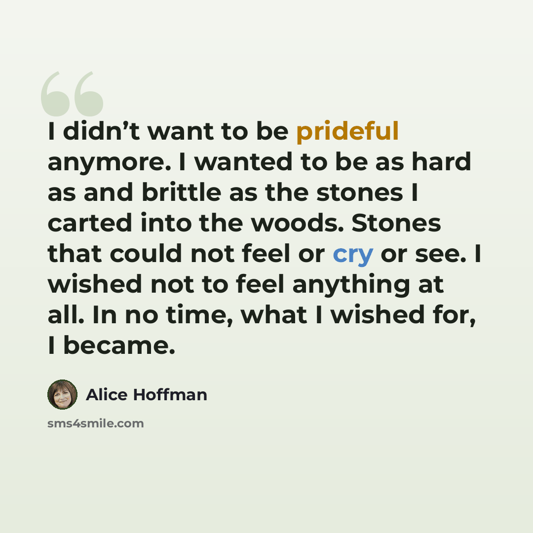 “I didn’t want to be prideful anymore. I wanted to be as hard as and brittle as the stones I carted into the woods. Stones that could not feel or cry or see. I wished not to feel anything at all. In no time, what I wished for, I became.” quote by Alice Hoffman