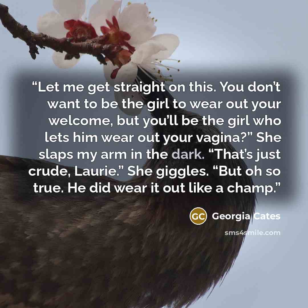 “Let me get straight on this. You don’t want to be the girl to wear out your welcome, but you’ll be the girl who lets him wear out your vagina?” She slaps my arm in the dark. “That’s just crude, Laurie.” She giggles. “But oh so true. He did wear it out like a champ.” quote by georgia cates
