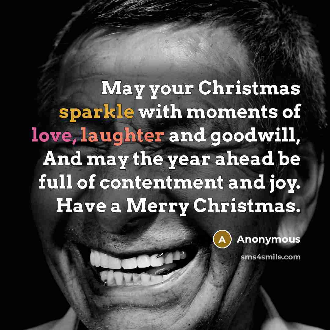 “May your Christmas sparkle with moments of love, laughter and goodwill, And may the year ahead be full of contentment and joy. Have a Merry Christmas.” quote by Anonymous
