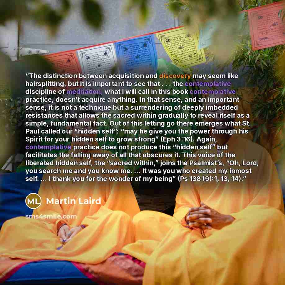 “The distinction between acquisition and discovery may seem like hairsplitting, but it is important to see that . . . the contemplative discipline of meditation, what I will call in this book contemplative practice, doesn’t acquire anything. In that sense, and an important sense, it is not a…” quote by Martin Laird